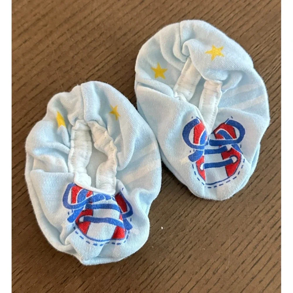 Vintage 90s Baby Booties Socks & Hat‎ Blue Cars Stars Coloful